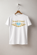 Jewel Lines Logo T-Shirt — Gold Script & Turquoise Gem Graphic