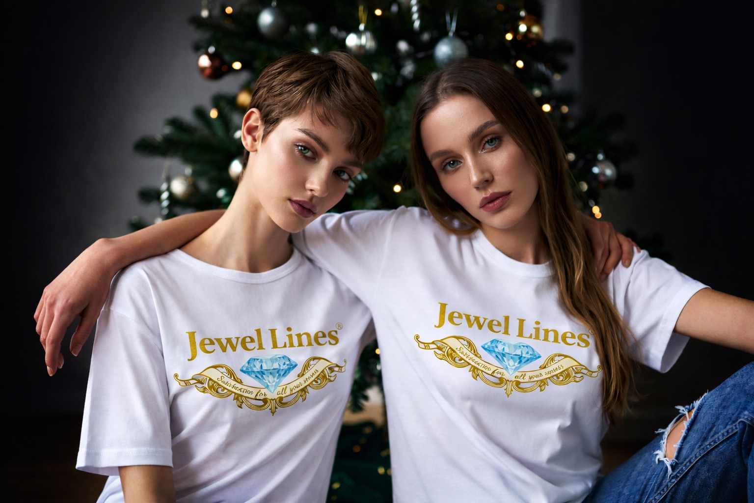 Jewel Lines Logo T-Shirt — Gold Script & Turquoise Gem Graphic